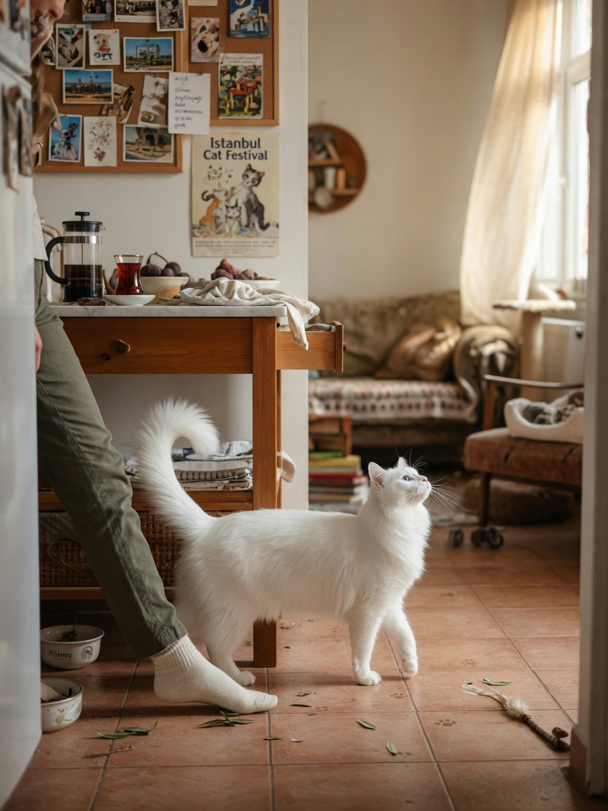 Turkish Angora cat with white coat following owner's legs through a bright home, showing the breed's dog-like loyalty and social nature.