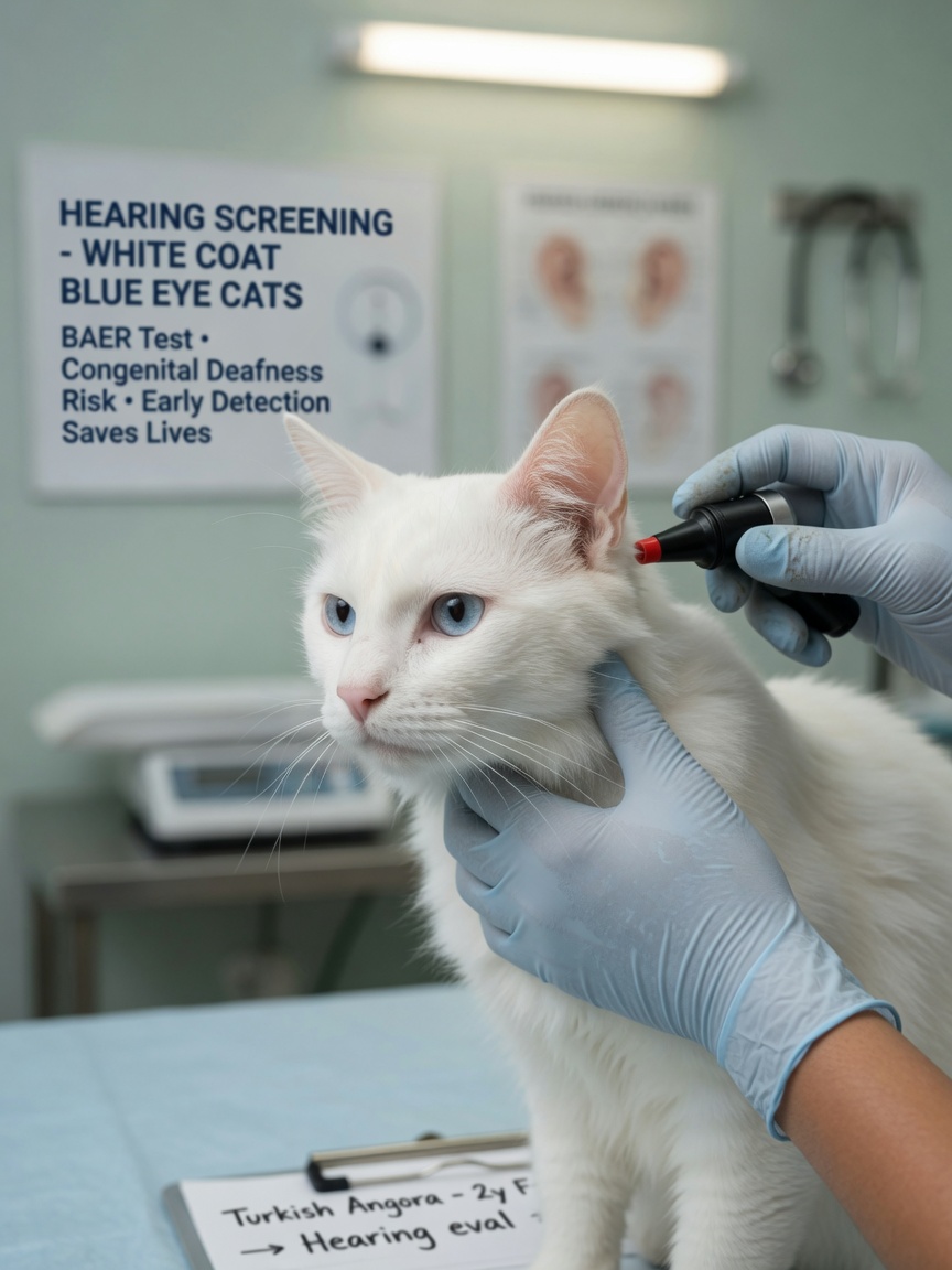 Veterinarian performing a gentle hearing assessment on a white Turkish Angora cat with blue eyes during a routine health examination.