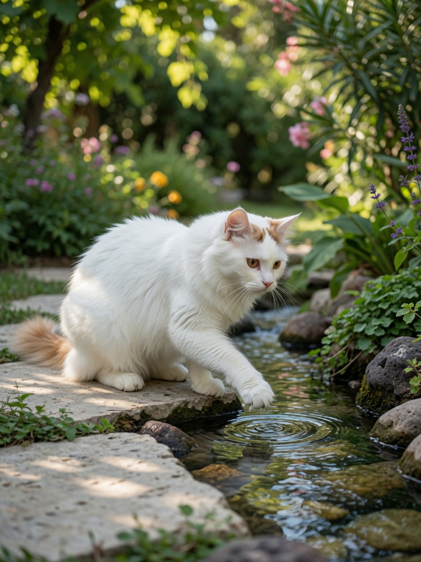 Turkish Van cat cautiously exploring water near a pond, demonstrating selective water attraction