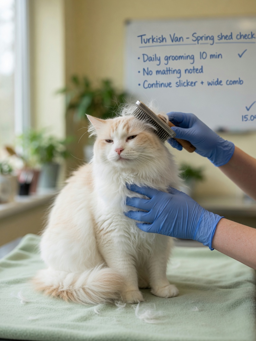 Turkish Van cat being groomed during spring shedding, showing single-layer coat structure and grooming care