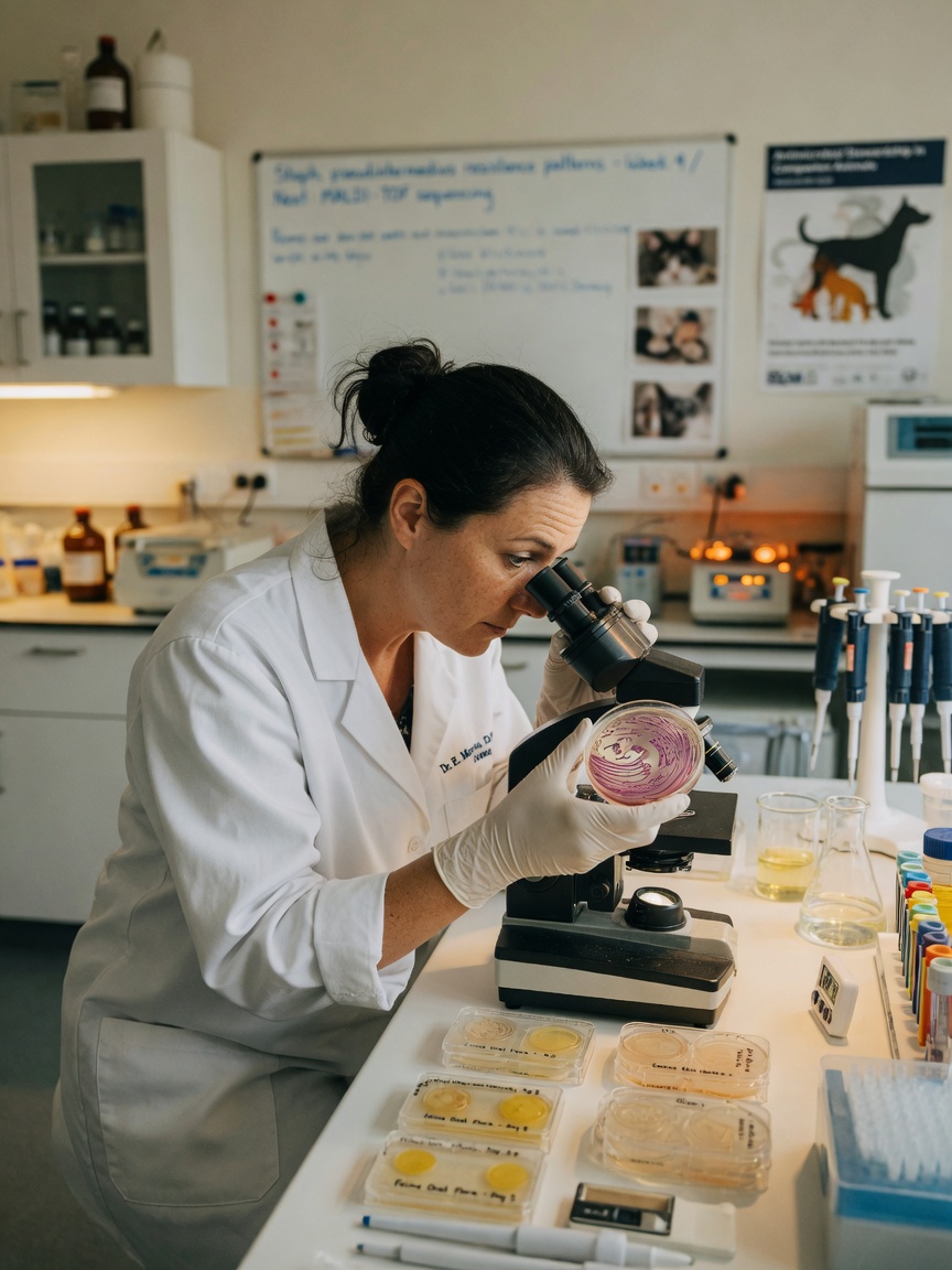 Veterinary researcher examining a petri dish under a microscope in a modern laboratory setting