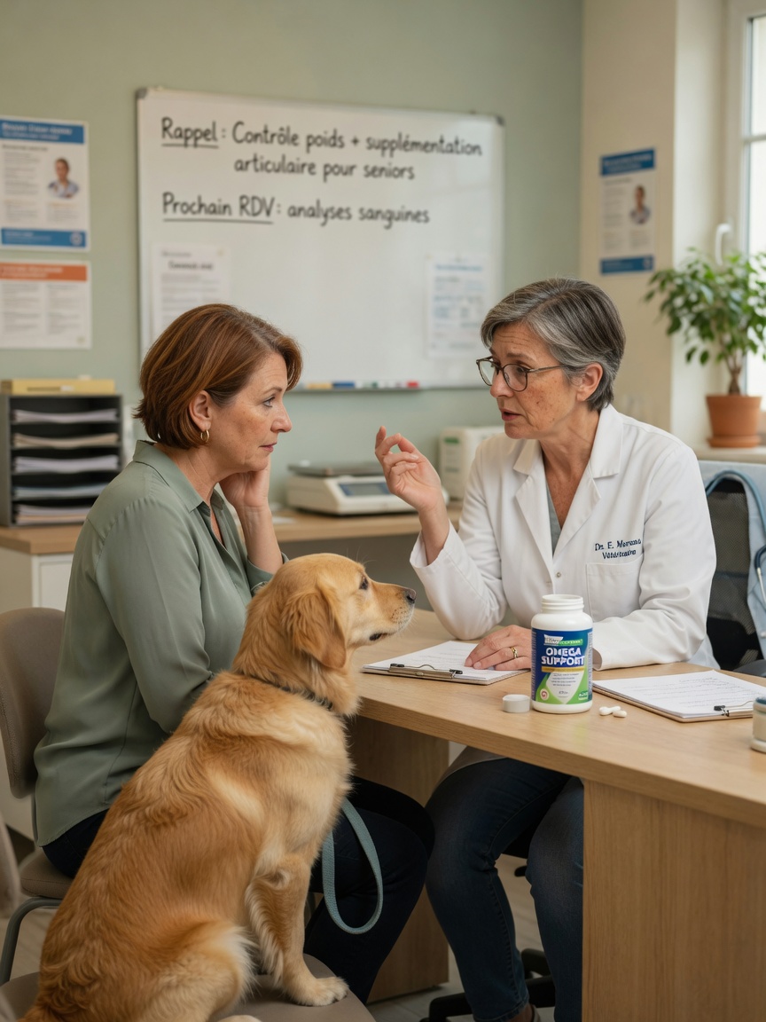 Veterinarian discussing supplement considerations with a dog owner during a clinic consultation