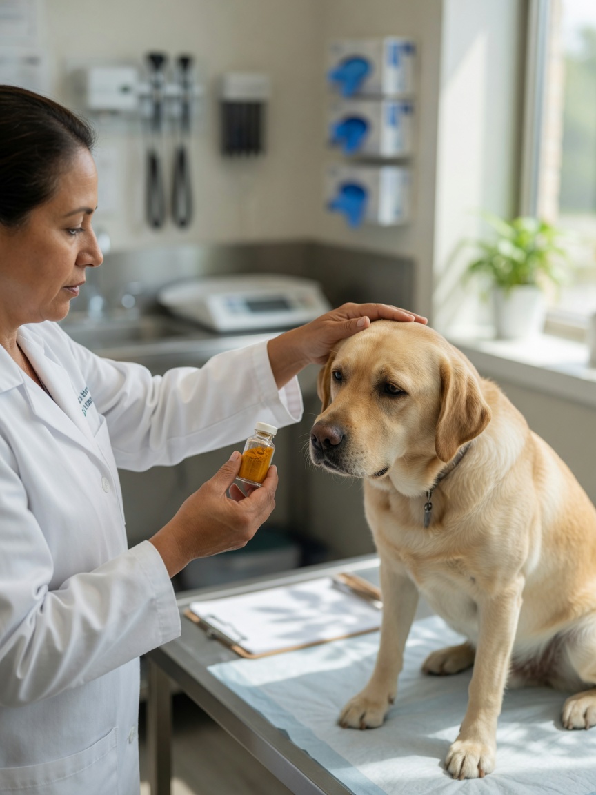 Veterinario discutiendo suplementación de cúrcuma con un Labrador dorado durante un examen