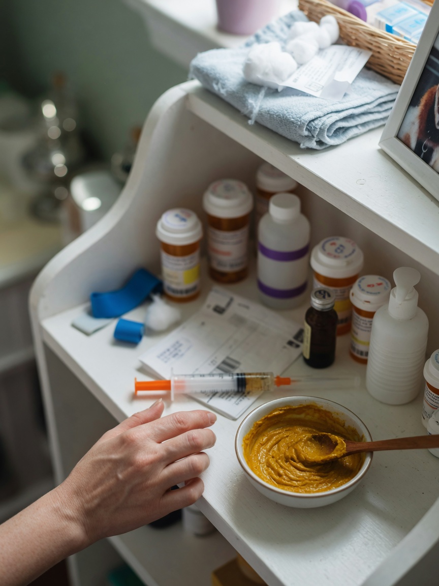 Medicamentos y suplementos para perros mostrados juntos, destacando posibles preocupaciones de interacciones medicamentosas