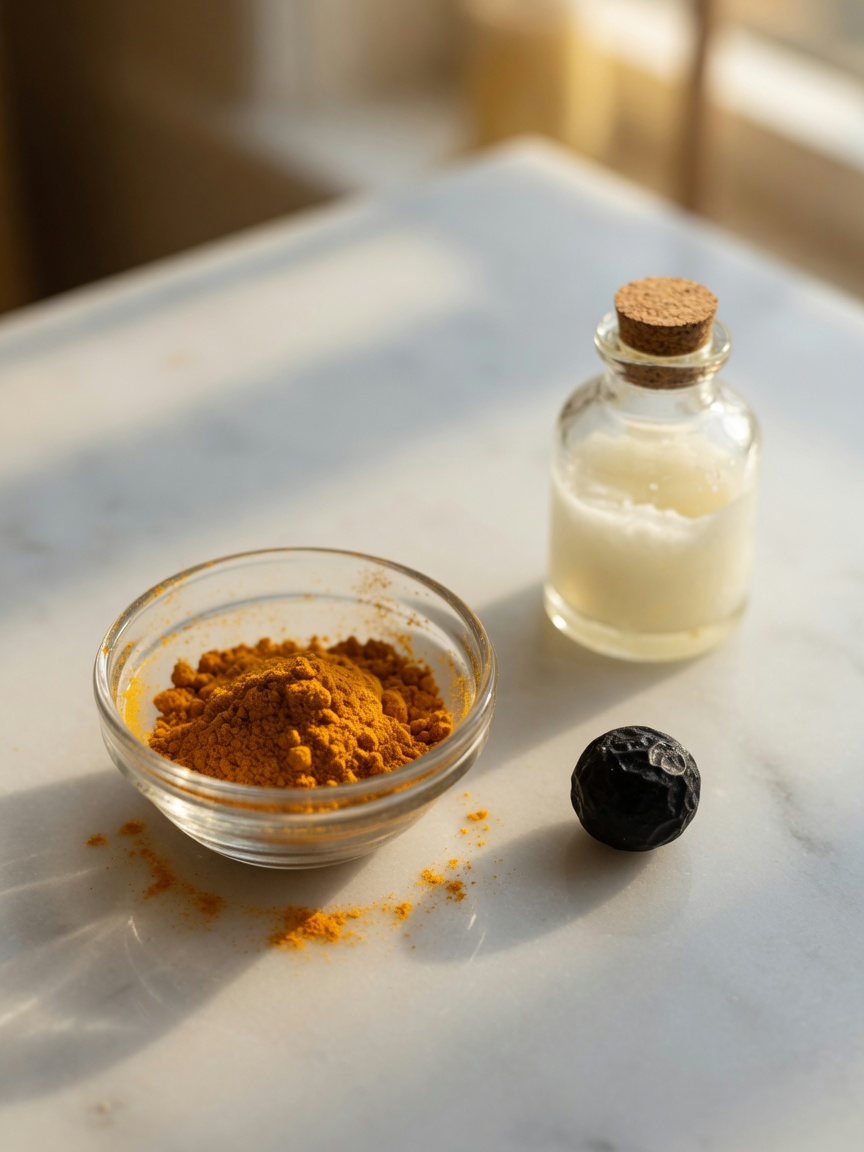 Turmeric powder, black peppercorns, and coconut oil displayed on white kitchen counter showing bioavailability enhancement ingredients