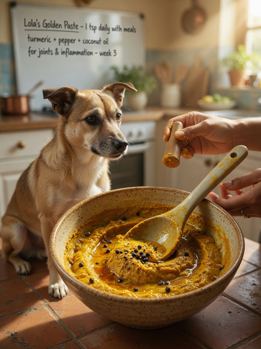 Golden paste in a ceramic bowl with visible black pepper and coconut oil, with a curious dog watching from kitchen floor in soft focus