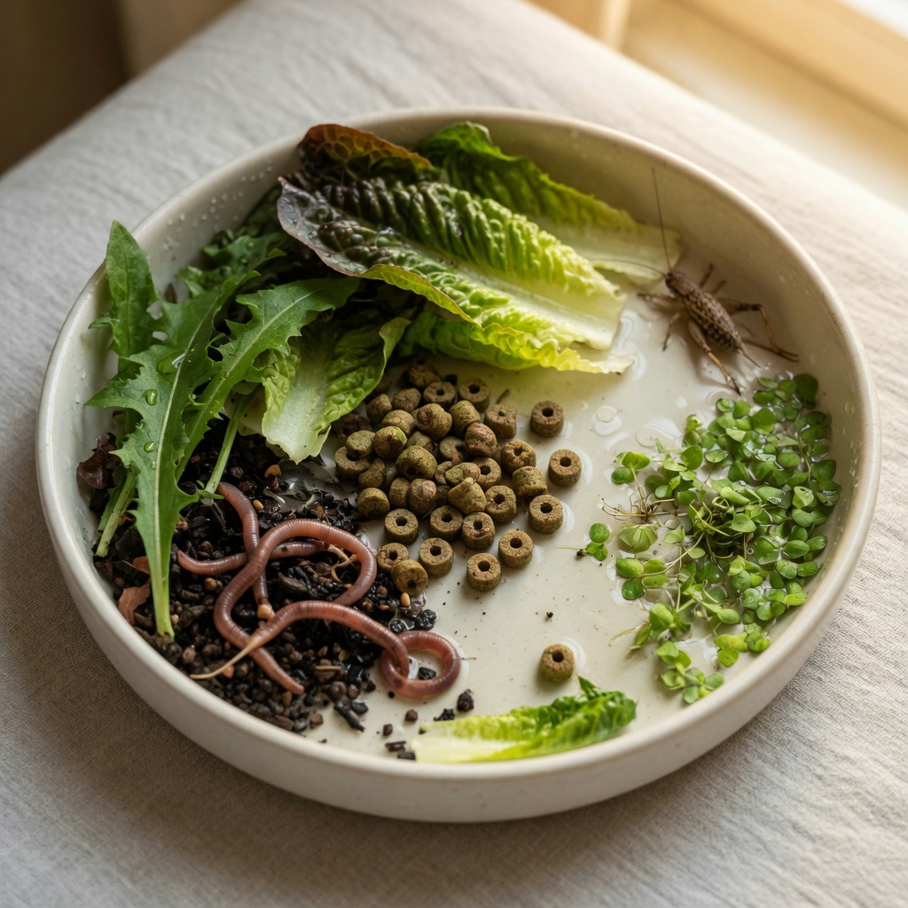 Assorted aquatic turtle foods including pellets, leafy greens, earthworms, and aquatic plants arranged for feeding