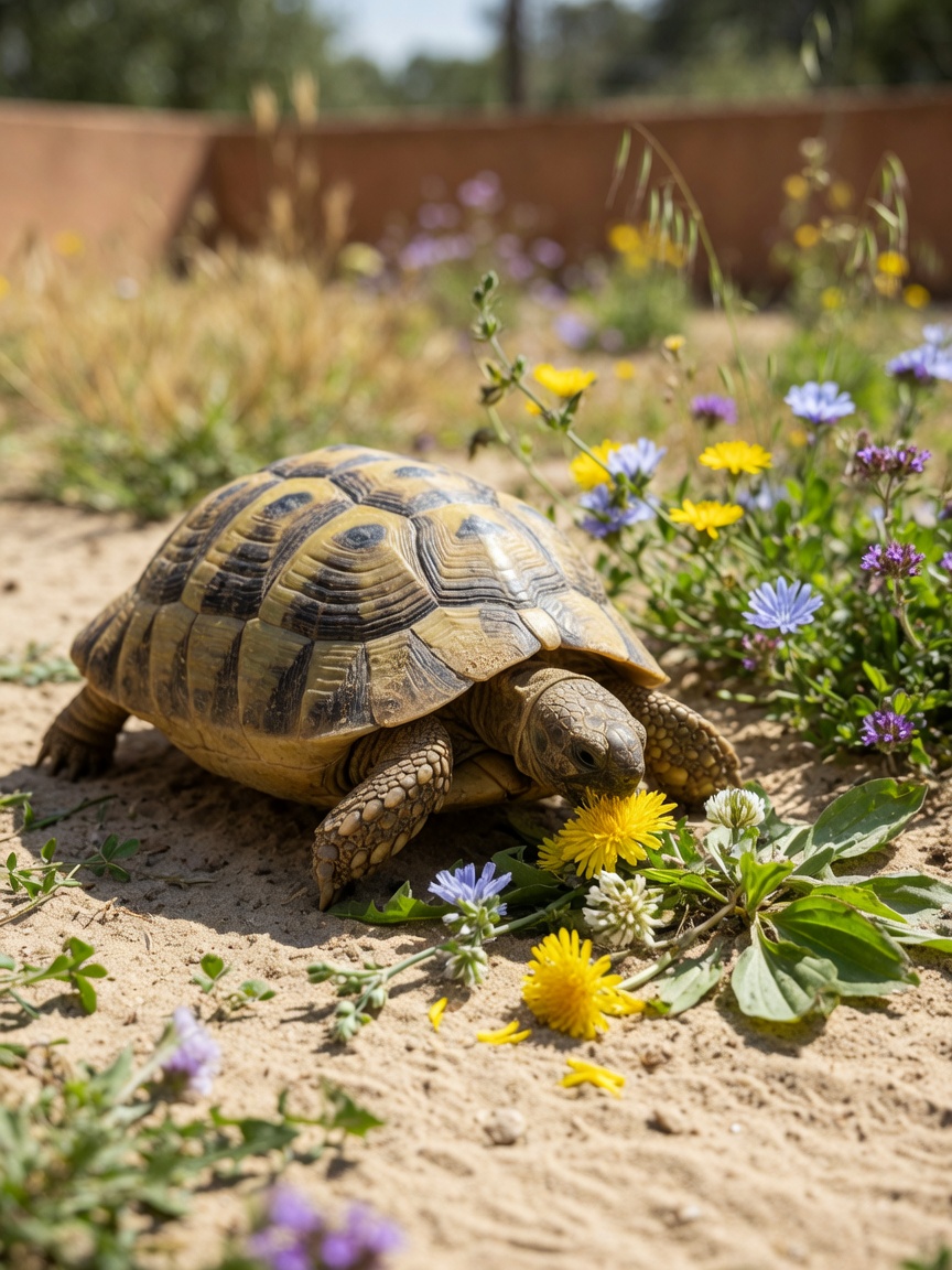 Hermann's tortoise grazing on wild Mediterranean plants and edible weeds in natural outdoor enclosure