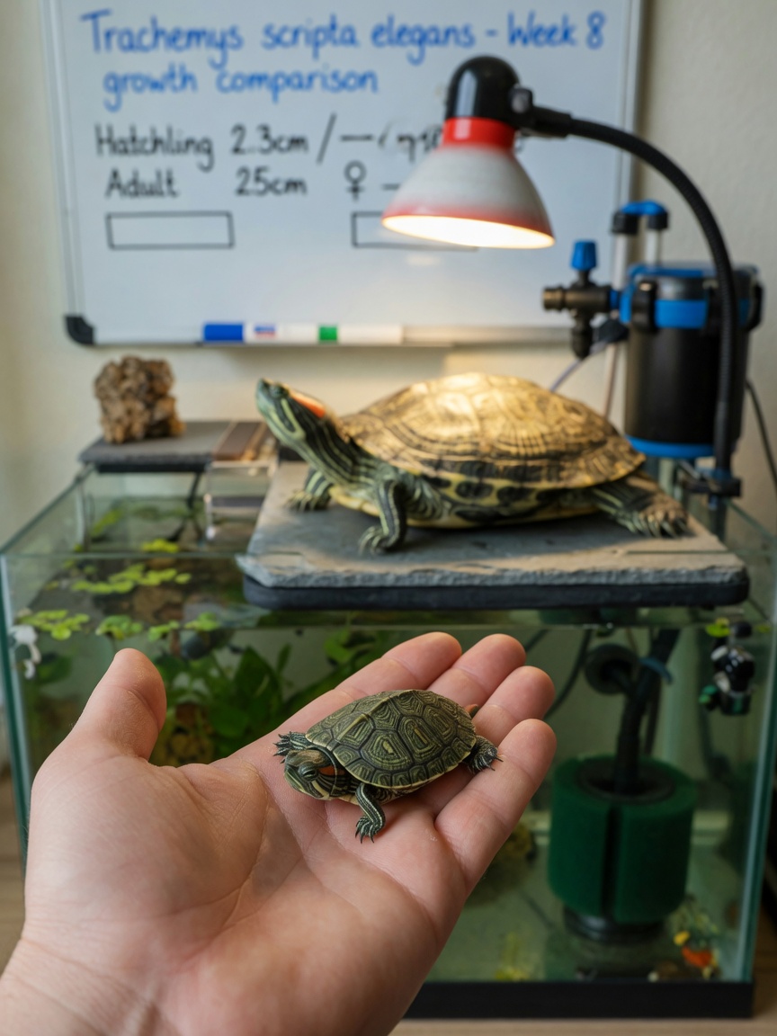 Rotwangenschildkröten-Schlüpfling in menschlicher Hand im Vergleich zu ausgewachsener Schildkröte im großen Aquarium, die dramatischen Größenunterschied über die Lebensspanne zeigt