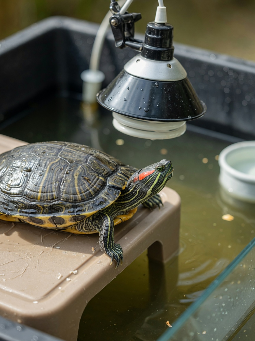 Red-eared slider turtle basking under UV-B lamp on dry platform above water enclosure