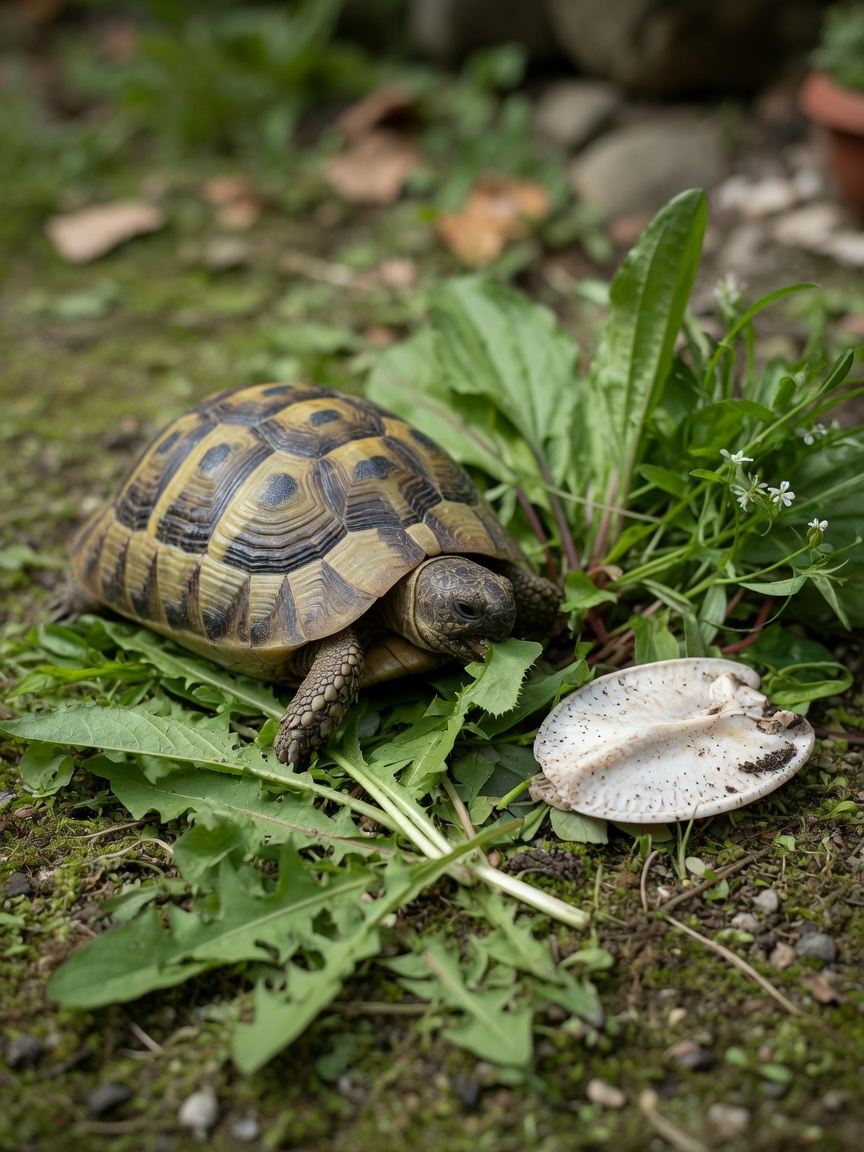 Tortoise feeding on fresh leafy greens with cuttlefish bone nearby on natural substrate