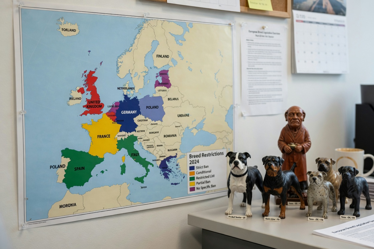 Map of Europe with UK, Germany, France, Spain and Netherlands highlighted alongside breed figurines showing different dog types affected by regional legislation