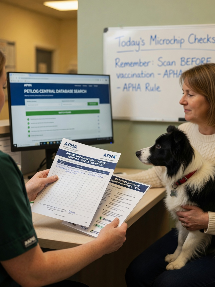 Veterinarian consulting with pet owner about Official Veterinarian status and APHA search tools