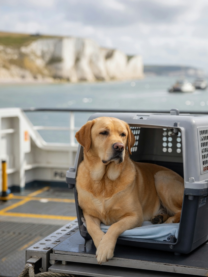 Pet in carrier aboard ferry or Eurotunnel during approved EU border crossing route