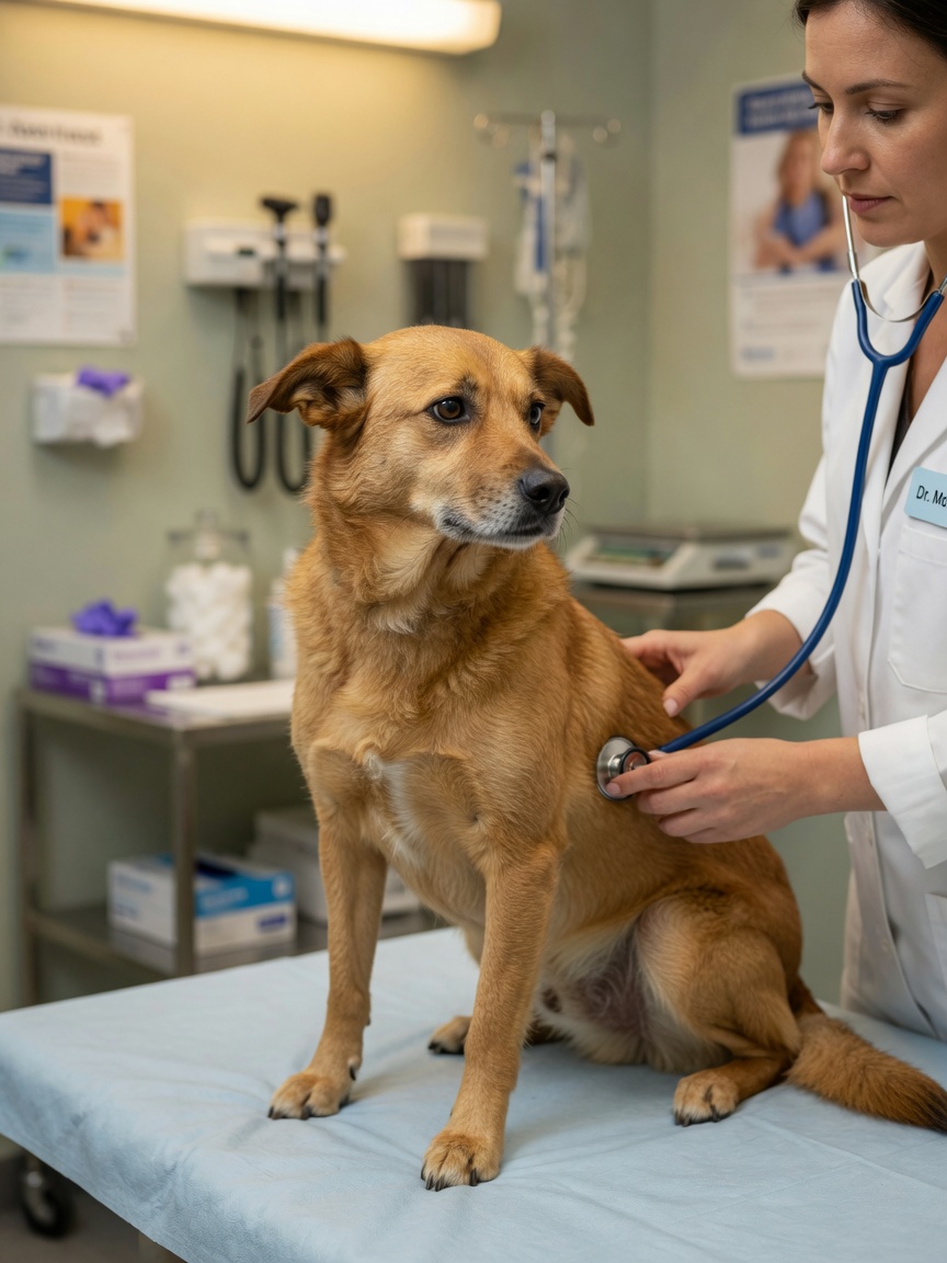Veterinarian examining a mixed-breed dog with stethoscope during health assessment