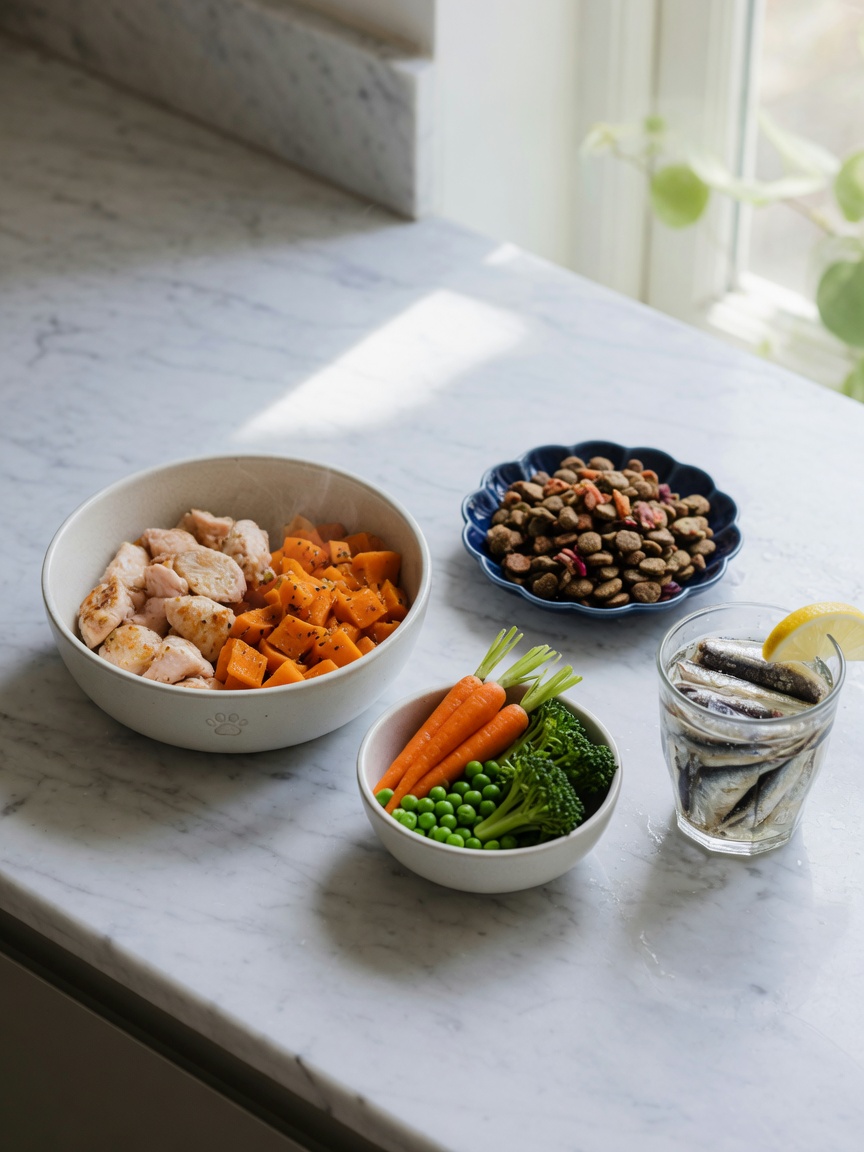 Overhead view of gently cooked fresh dog food with vegetables and cold-pressed kibble arranged on kitchen counter