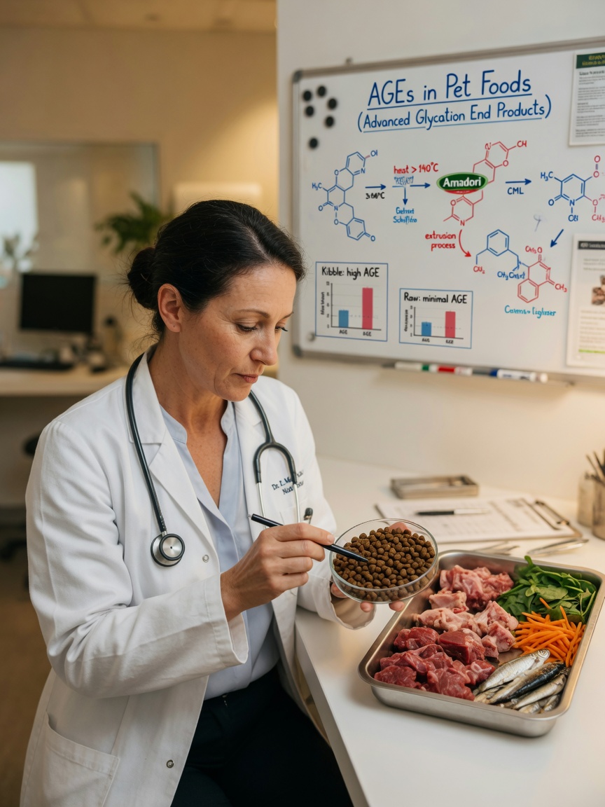Veterinary nutritionist comparing extruded kibble and raw pet food samples in a clinical setting, illustrating research findings on processing methods and nutritional differences