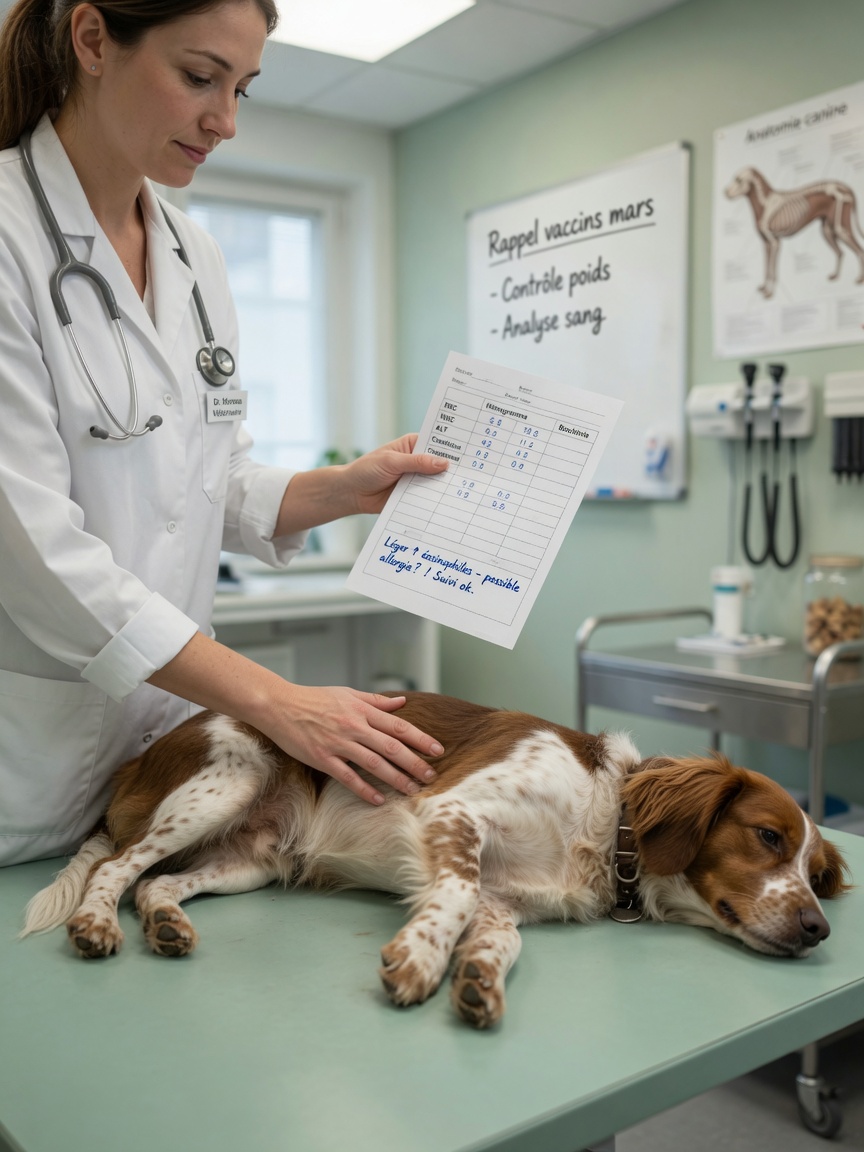 Veterinarian examining a brown and white spaniel mix while reviewing blood test results during a clinical assessment