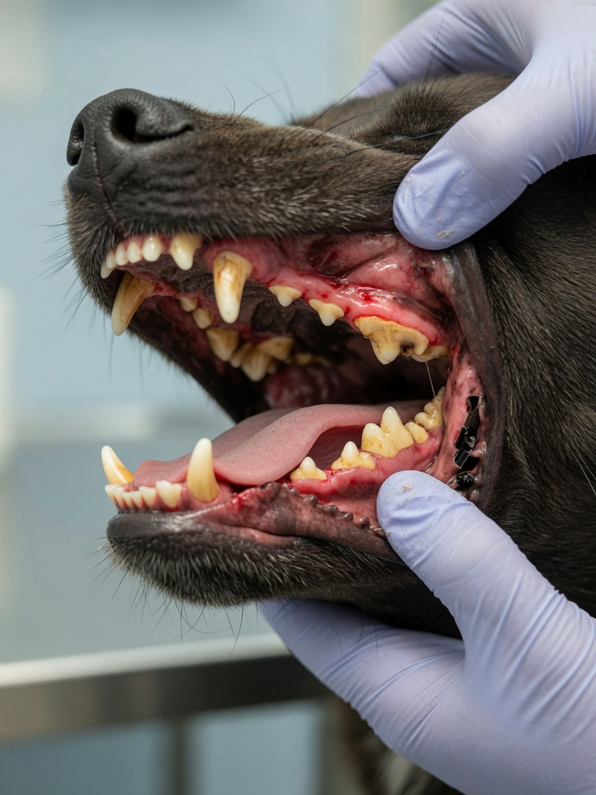 Close-up van de mond van een hond met tandvleesziekte met rode tandvlees, tandaanslag en een gebroken tand die eten moeilijk maakt