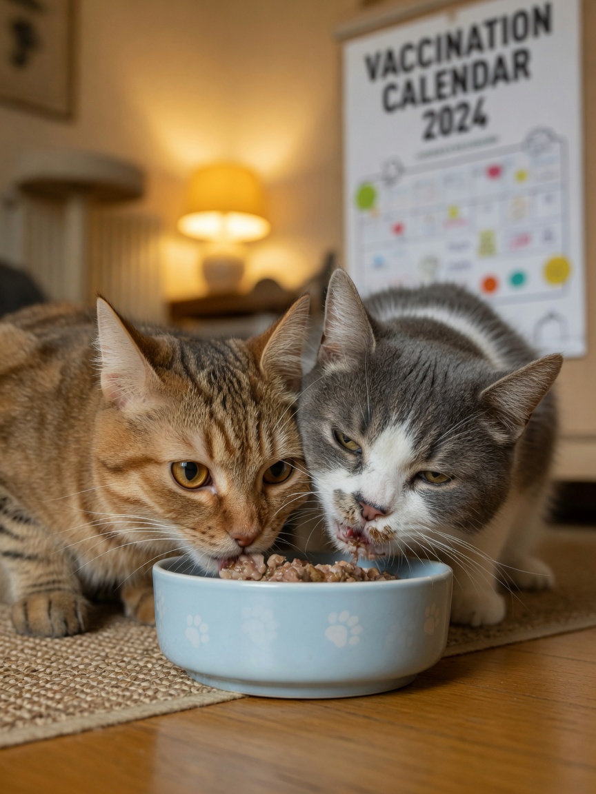 Two cats sharing a food bowl together, illustrating how upper respiratory infections spread between cats through direct contact