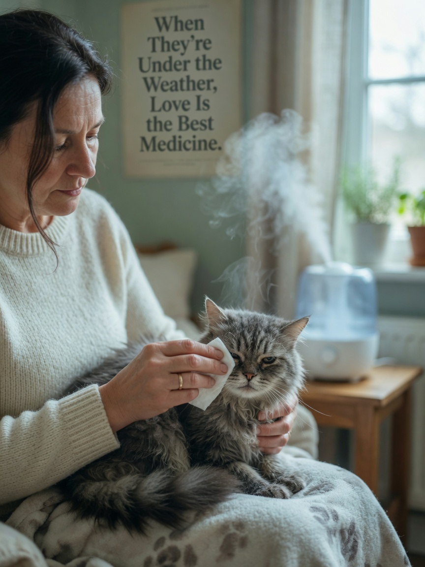 Pet owner gently cleaning a sick cat's face with a damp cotton pad as part of home care, with a humidifier visible in the background