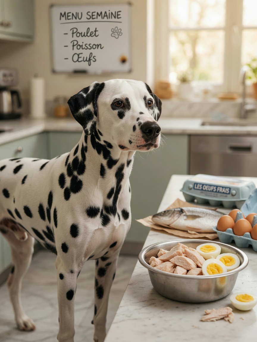 Spotted Dalmatian beside food bowl with low-purine protein sources on kitchen counter