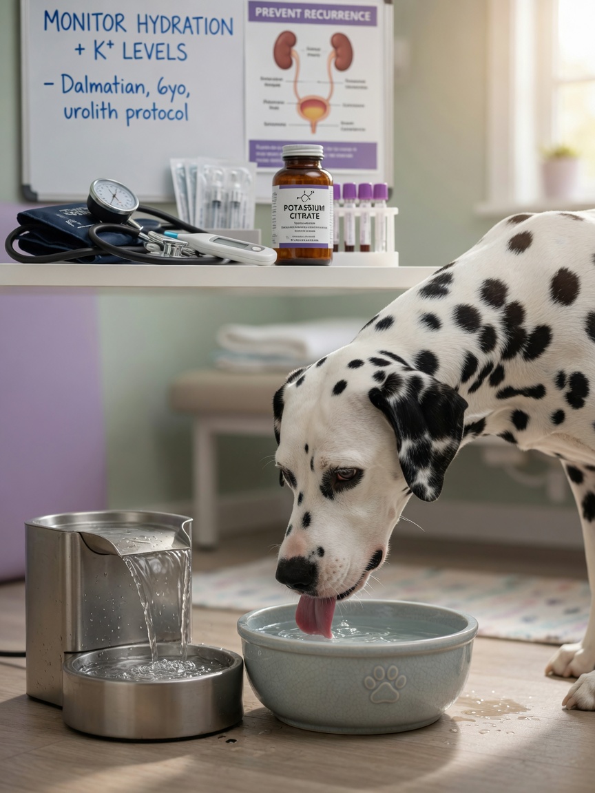 Dalmatian drinking from water bowl next to water fountain in home clinic setting