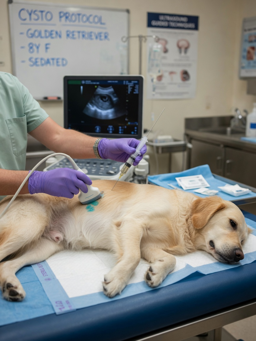 Veterinarian performing ultrasound-guided cystocentesis on golden retriever to collect bladder urine sample
