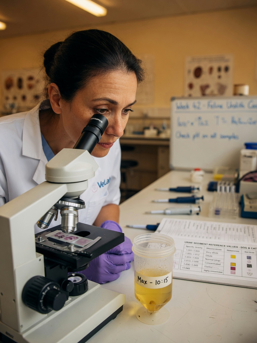 Veterinary technician examining urine sediment under microscope in laboratory with sample tube nearby