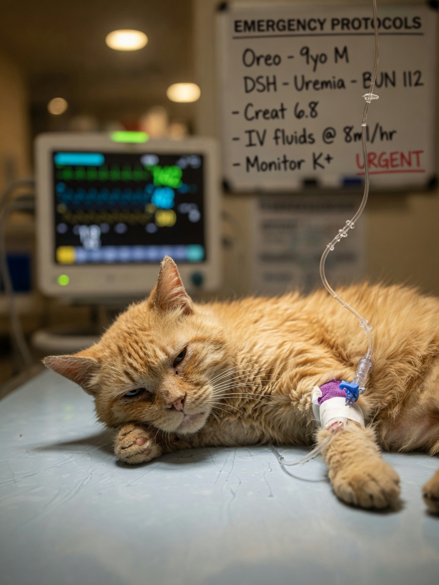Ill male orange tabby cat receiving intravenous fluid therapy during urinary emergency treatment