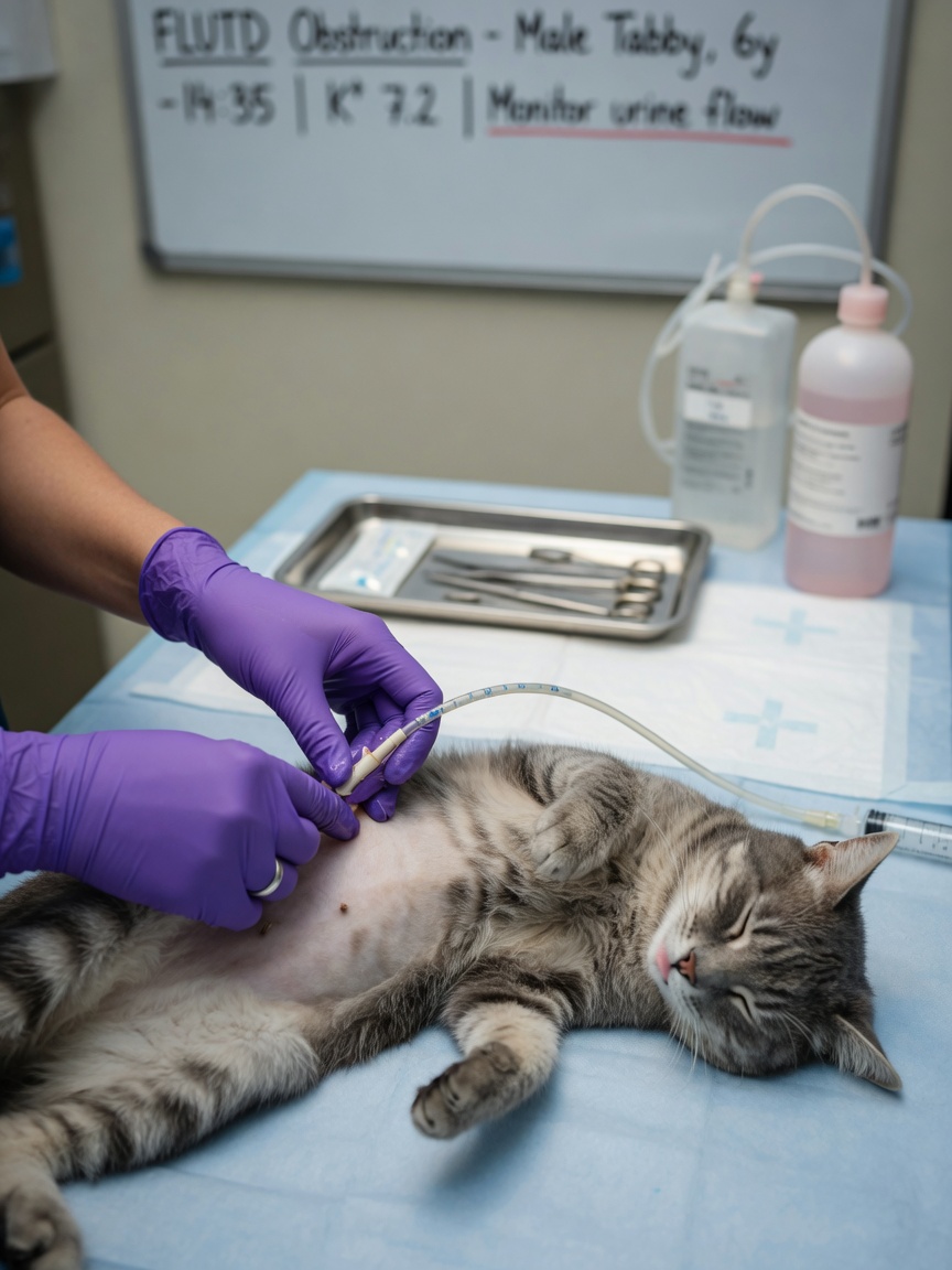 Veterinarian performing urinary catheter placement on sedated male cat for urethral obstruction relief