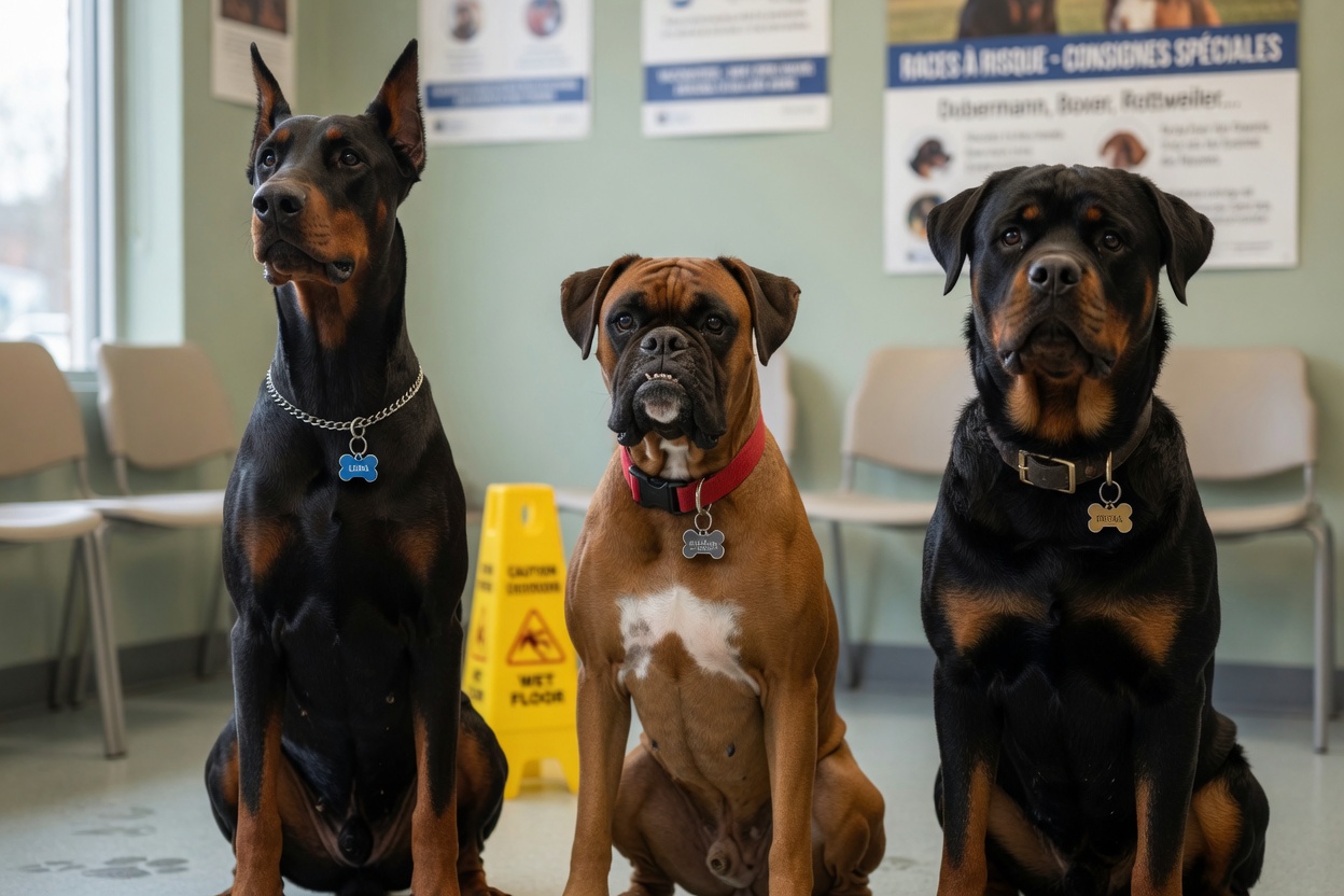 Multiple large-breed female dogs including Dobermann, Boxer, and Rottweiler representing breeds at elevated risk for urinary incontinence
