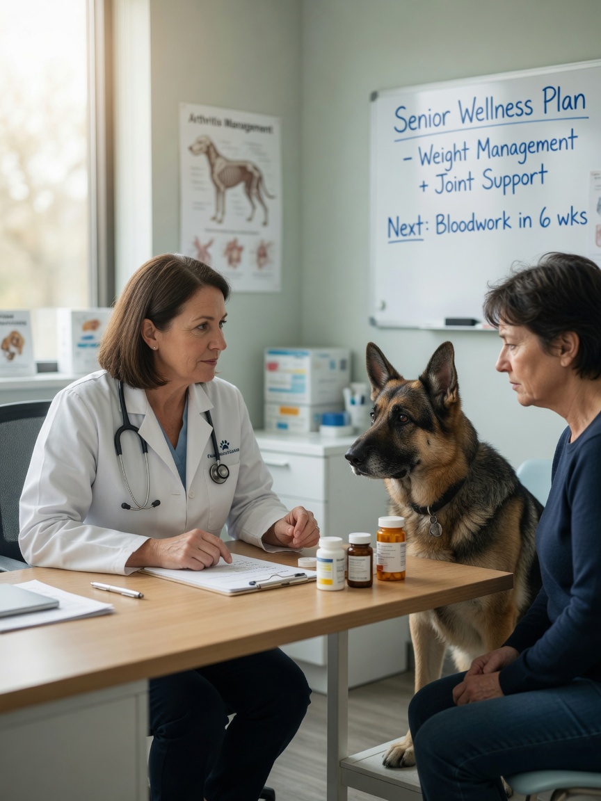 Veterinarian consulting with dog owner about urinary incontinence treatment options, with German Shepherd present