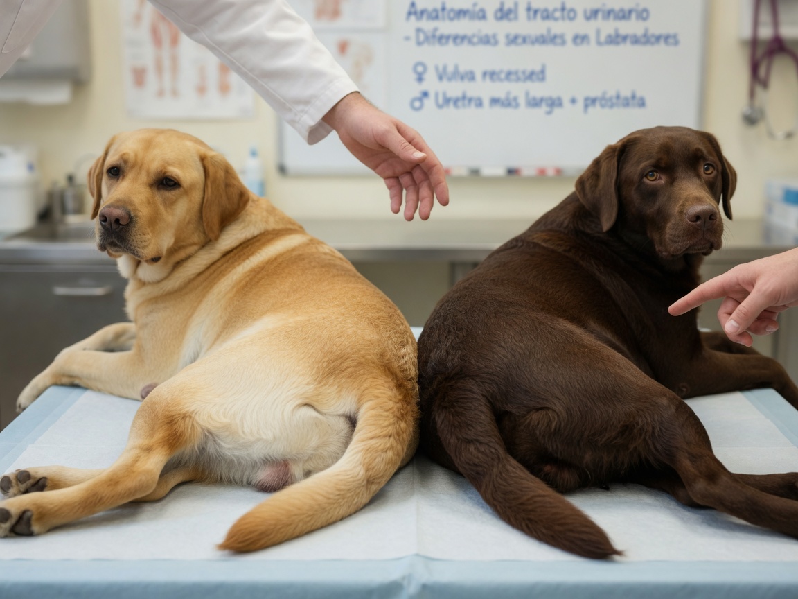 Comparação anatómica de Retrievers do Labrador fêmeas e machos mostrando diferenças estruturais do trato urinário