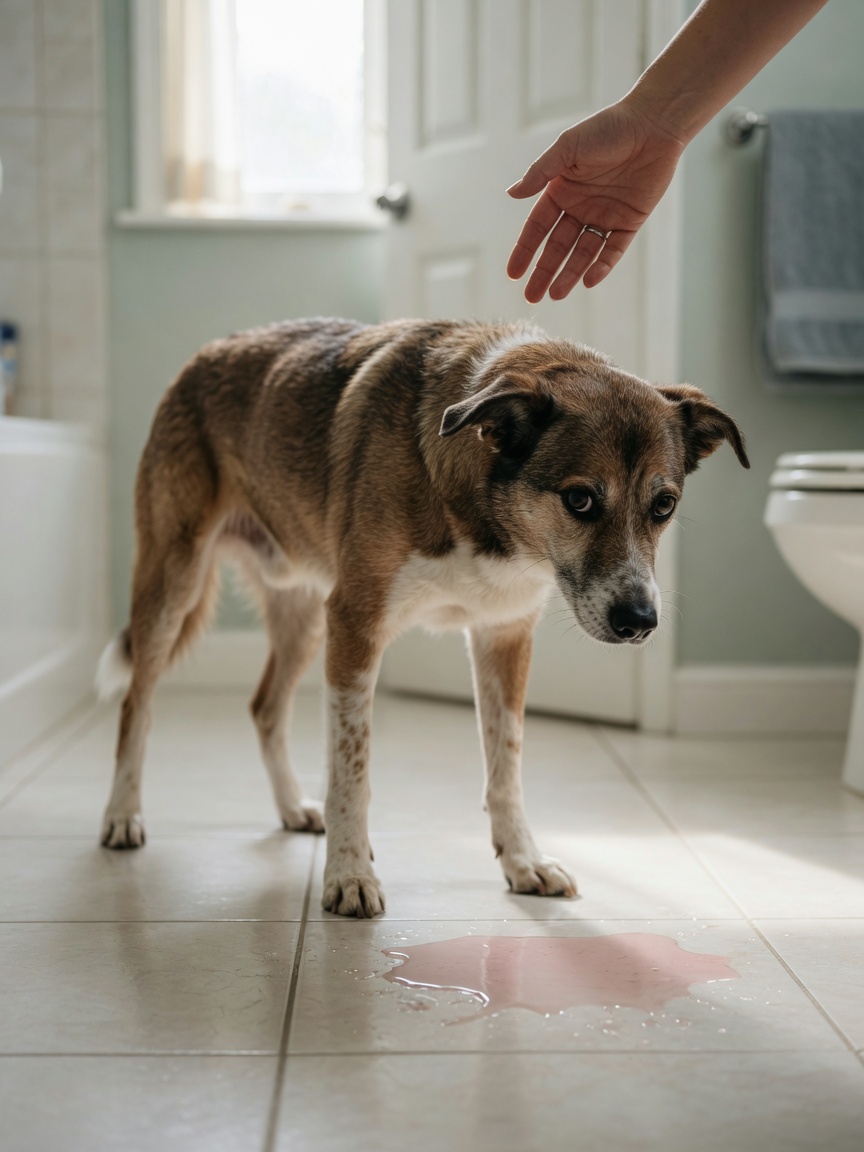 Cão a mostrar sinais de infeção do trato urinário com acidente de urina com sangue dentro de casa e desconforto visível