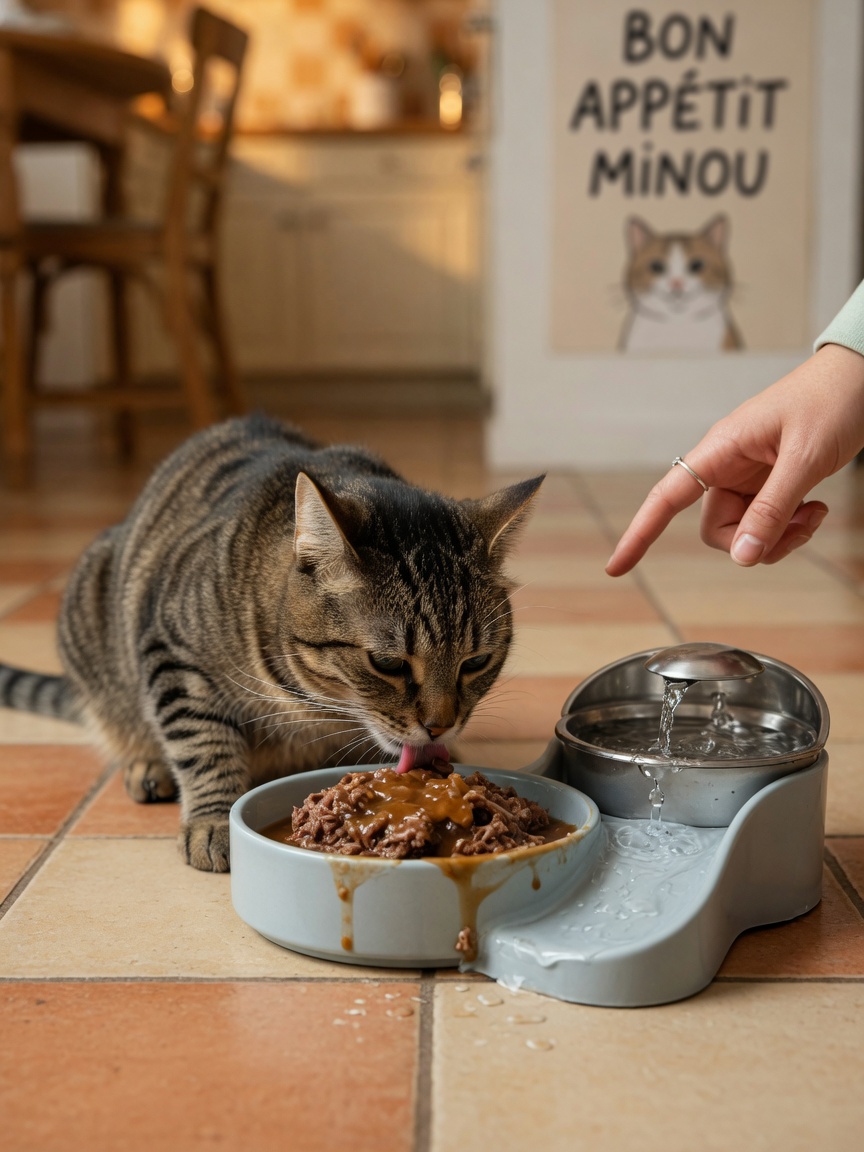Cat eating wet food from a bowl next to a water fountain for hydration management