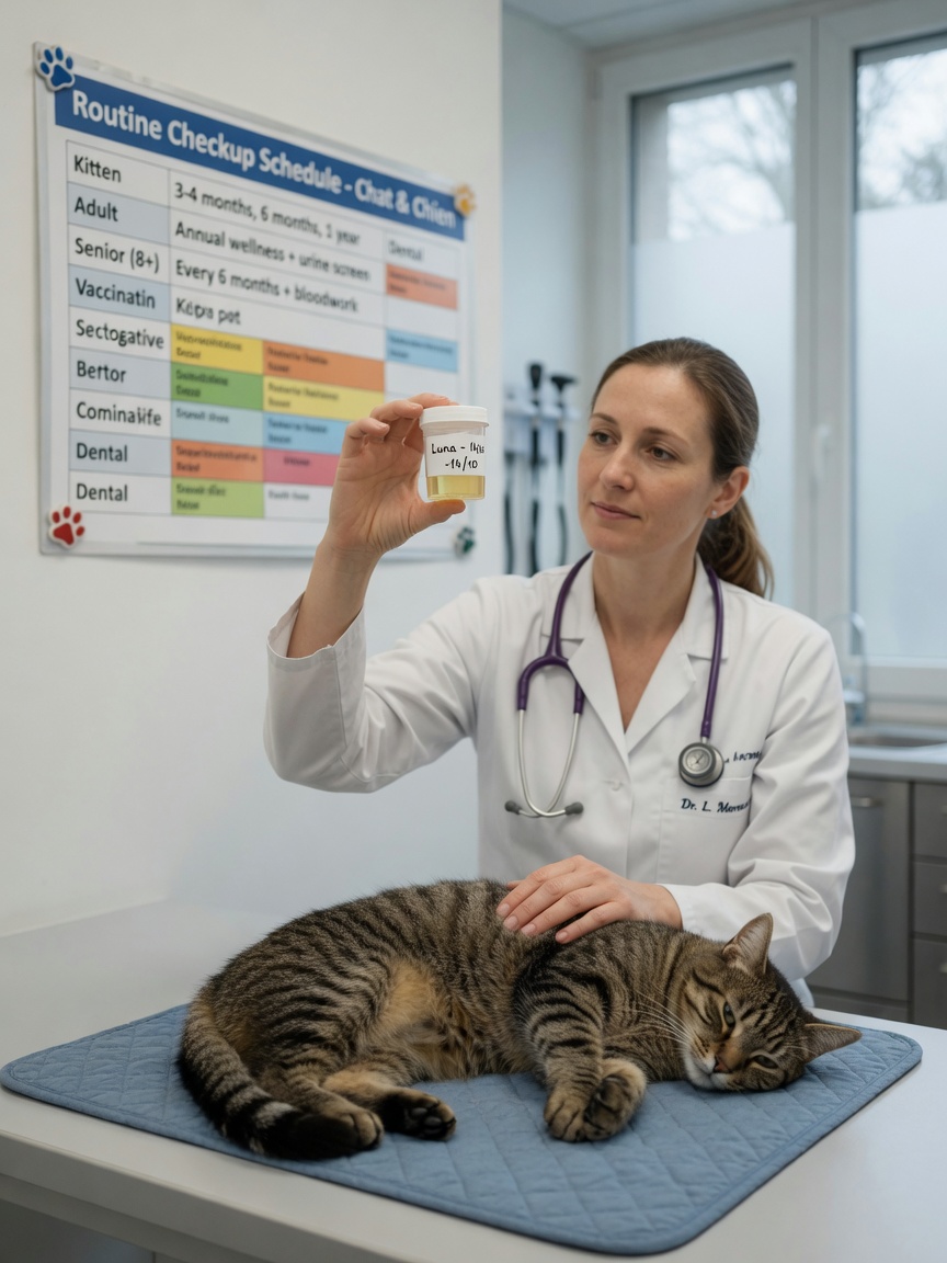 Veterinarian examining a urine sample from a cat during a routine urinary health monitoring appointment