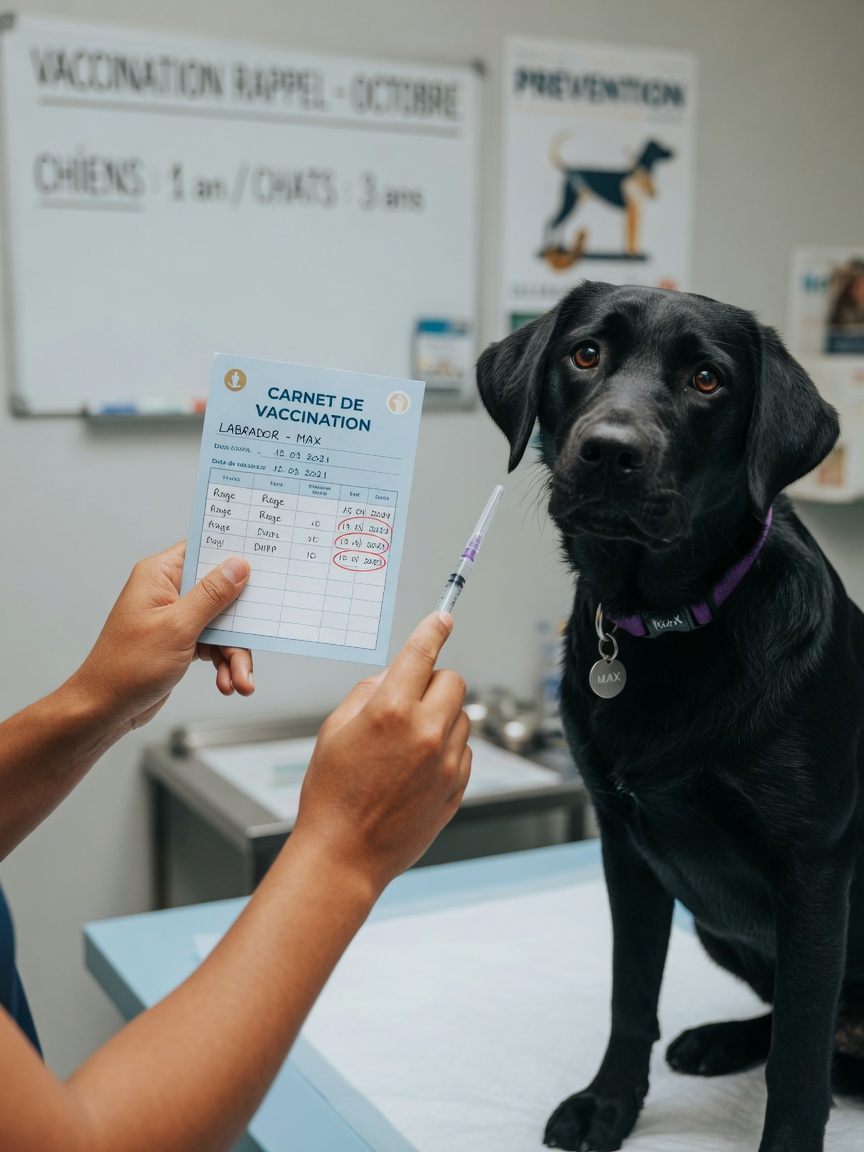 Veterinarian reviewing vaccination schedule with Labrador Retriever on examination table