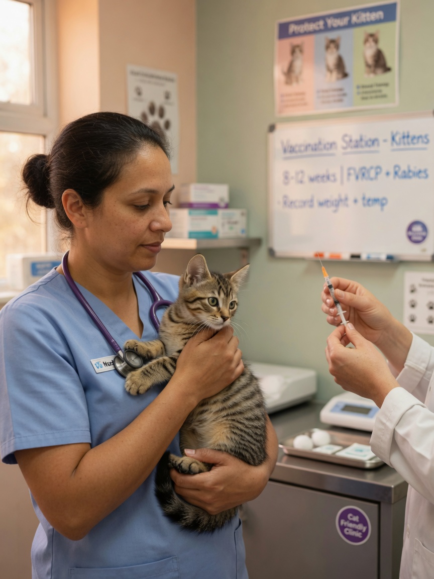 Veterinary nurse holding a tabby kitten while preparing for vaccination