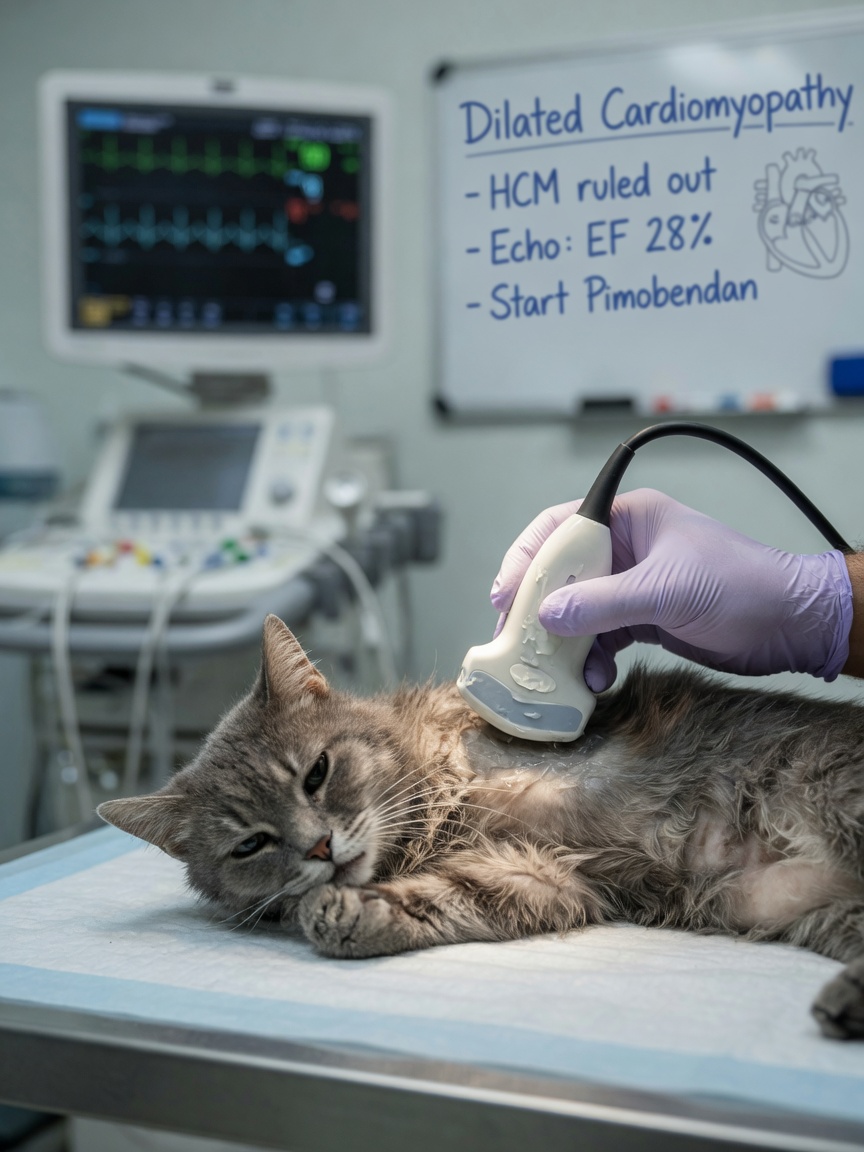 Veterinário realizando ultrassom cardíaco em gato doente para diagnosticar cardiomiopatia dilatada causada por deficiência de taurina