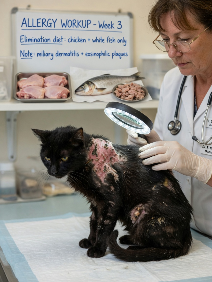 Veterinário examinando a pele deteriorada e pelagem pobre de um gato causada por deficiência de ácido araquidónico