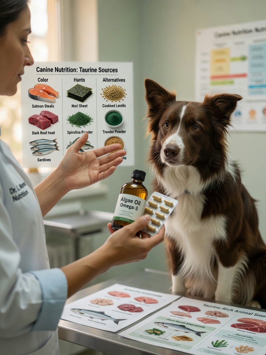 A veterinary nutritionist showing supplements and algae oil to a Border Collie during a dietary consultation