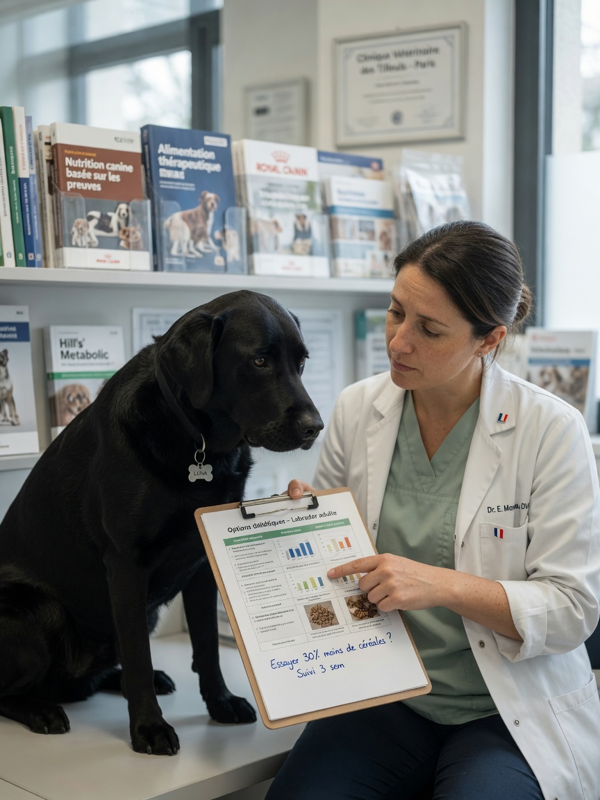 A Black Labrador Retriever with a veterinarian discussing dietary guidance during a consultation