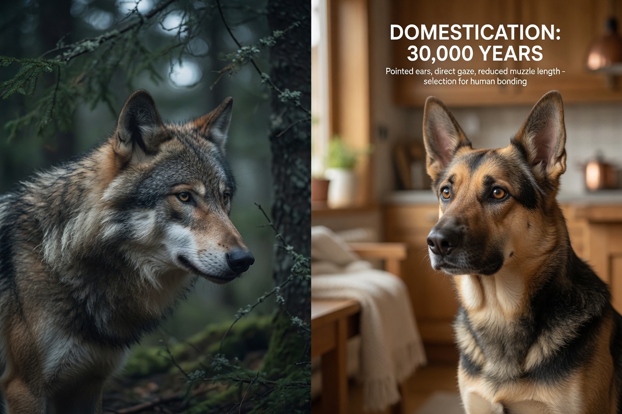 Profile comparison showing a wolf and a domestic dog's head, illustrating evolutionary differences.