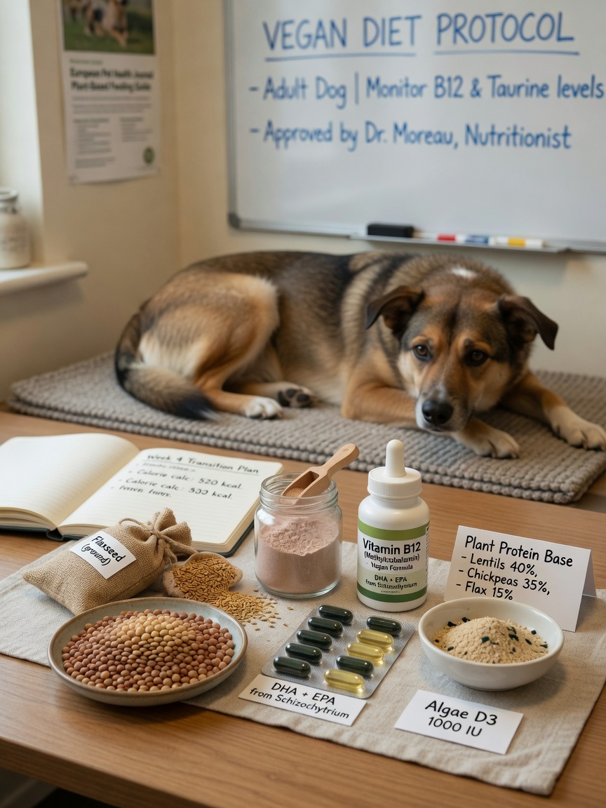 Nutritional supplements and plant-based ingredients arranged on a veterinary nutritionist's workspace with a dog resting nearby.