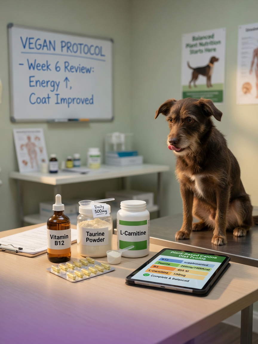 Veterinary supplements for vegan dog diets arranged on a clinic desk with a dog sitting nearby