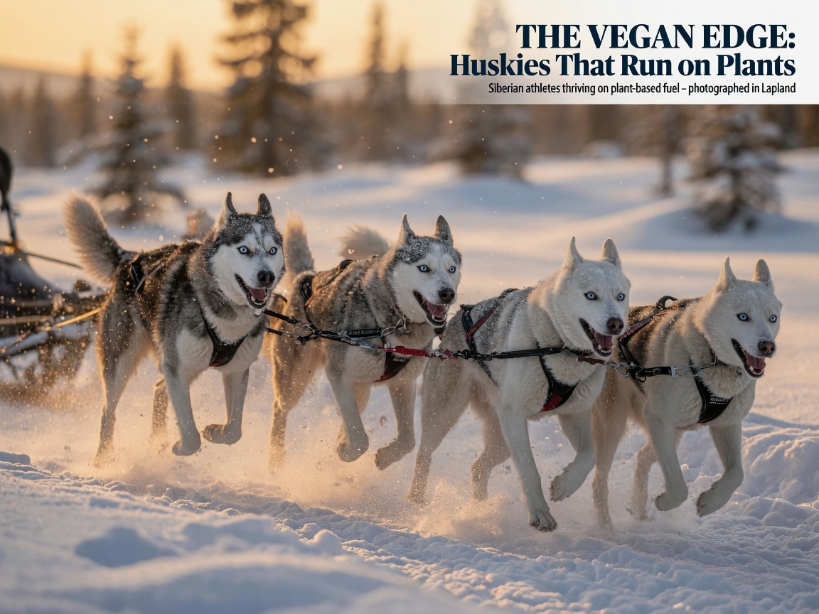 Sled dog team of huskies running energetically through snow, demonstrating athletic performance