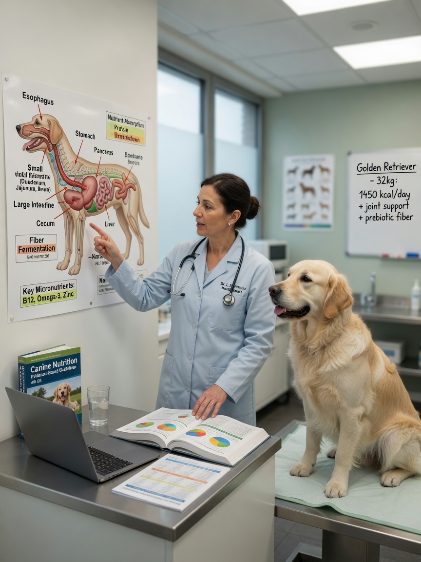 A veterinary nutritionist explaining canine nutritional requirements with an anatomical chart while a healthy golden retriever watches calmly