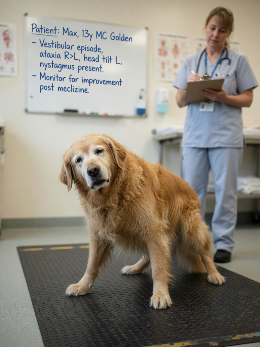 Senior dog displaying ataxia and head tilt while walking on non-slip surface with veterinarian observing, showing vestibular disease symptoms