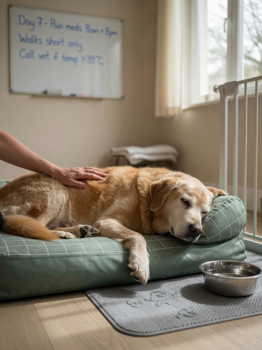 Senior dog resting peacefully on soft bed in safely-confined recovery space with water bowl and non-slip flooring, demonstrating proper nursing care